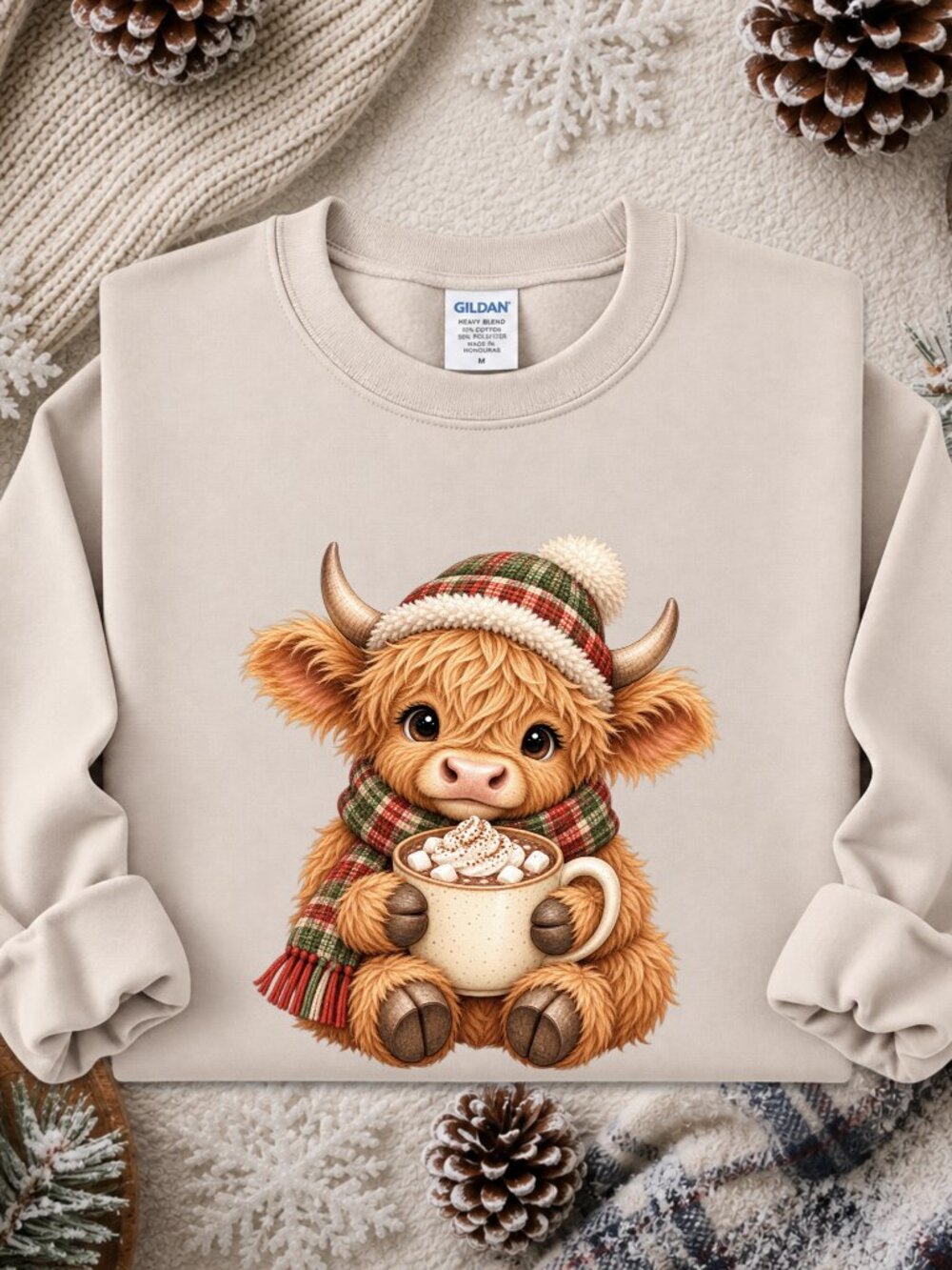 Highland Cow Sweatshirt Graphic Adult Winter Cozy Season Hot Cocoa Cute Animal